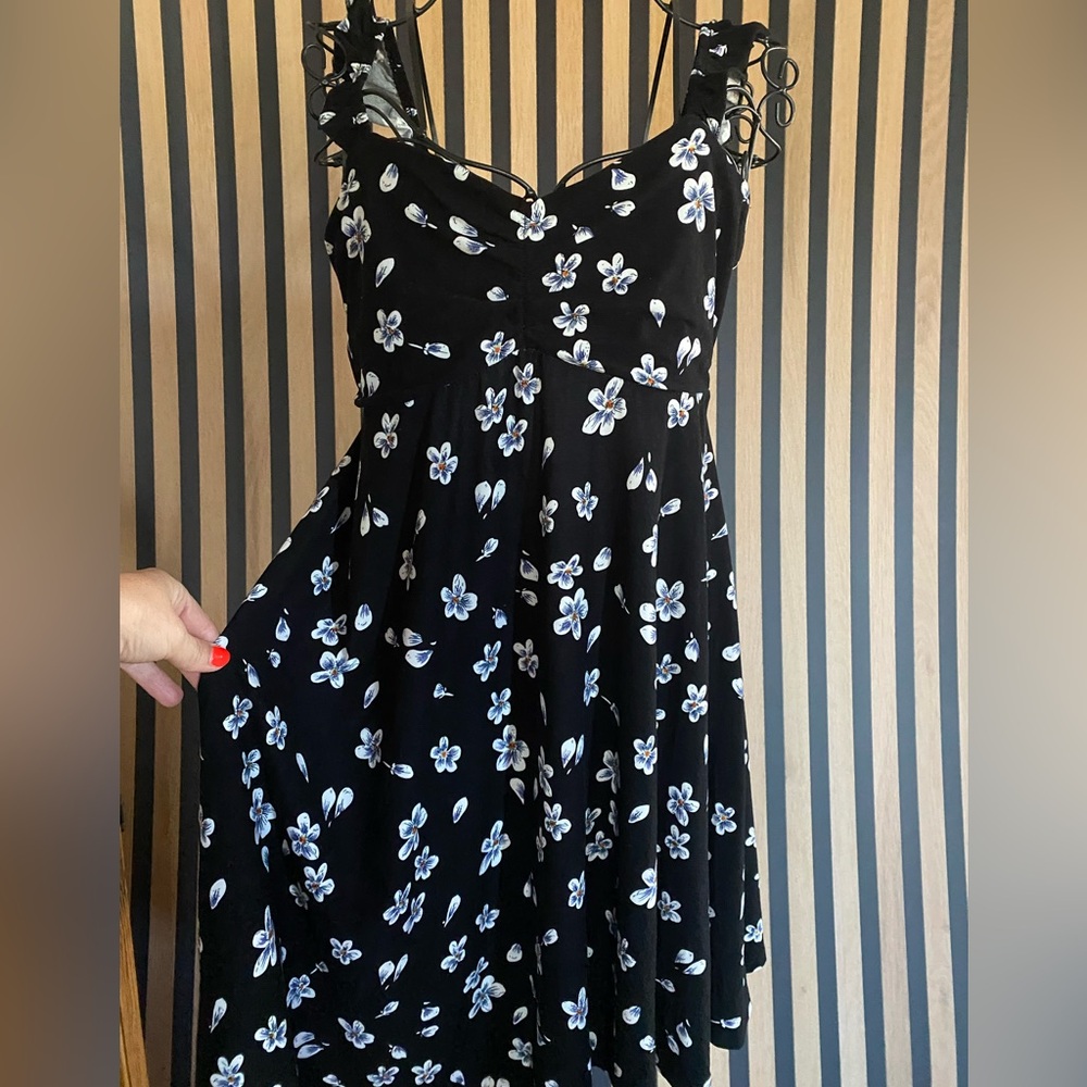 Black Floral Mini Dress with Blue-White Flowers